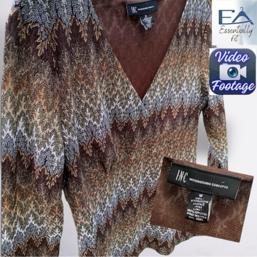 INC Y2K Vintage Brown Gold Silver Metallic V-Neck 3/4 Sleeve Blouse